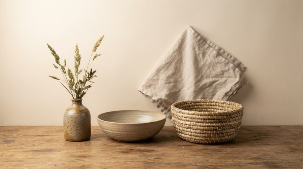 Conjunto de artesanato com vaso cerâmico, taça e cesta de vime sobre madeira e pano neutro