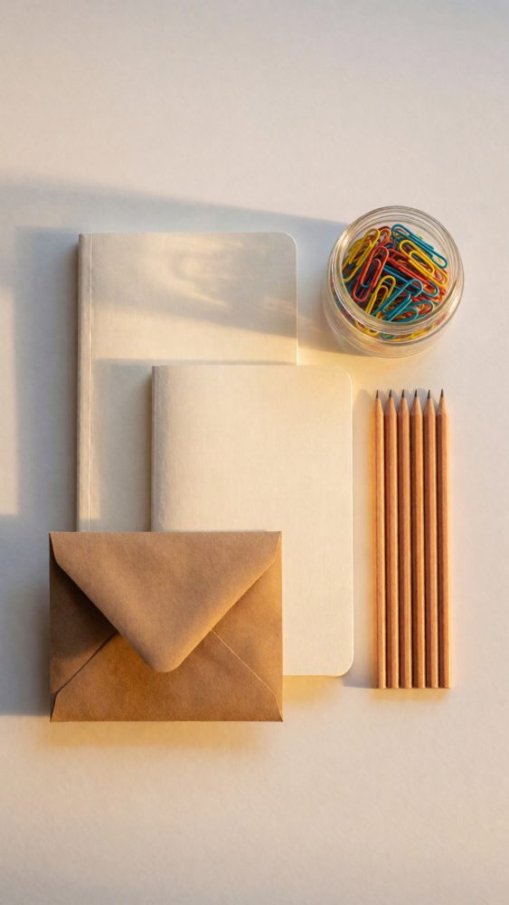 Conjunto minimalista de papelaria com envelope castanho, dois cadernos, lápis de madeira e frasco de clipes coloridos