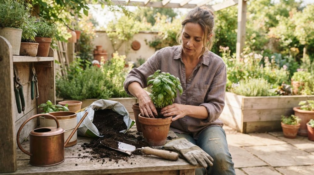 Mulher a plantar manjericão em vaso de barro num jardim com luz natural e ferramentas de jardinagem