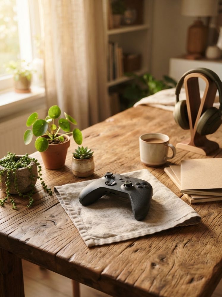 Comando de videojogos preto sobre tábua de madeira com plantas, auscultadores e caneca