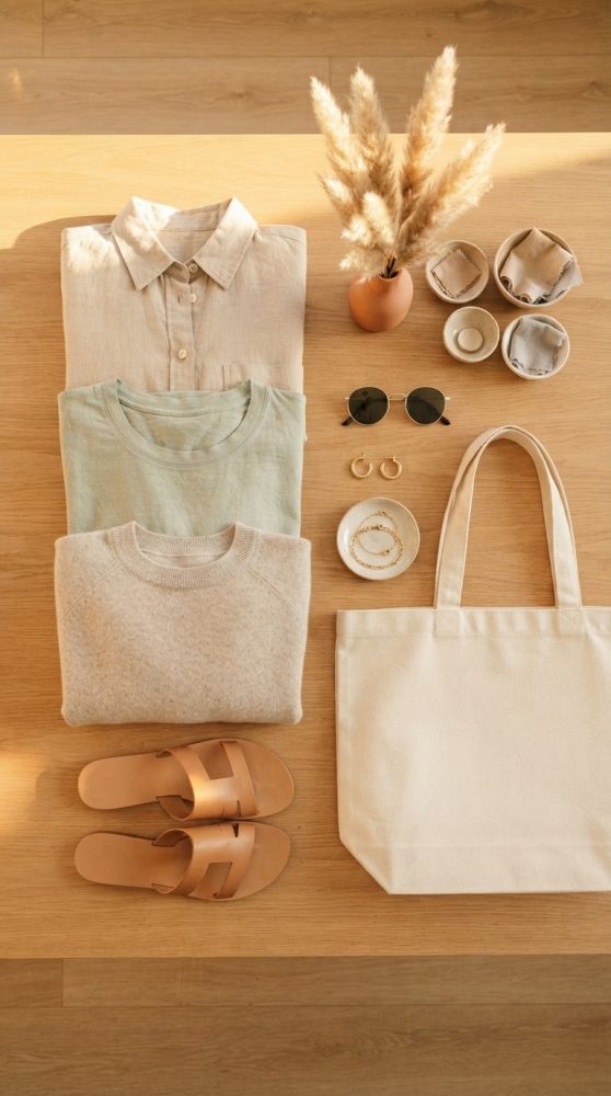 Roupas neutras dobradas com acessórios e bolsa em mesa de madeira clara