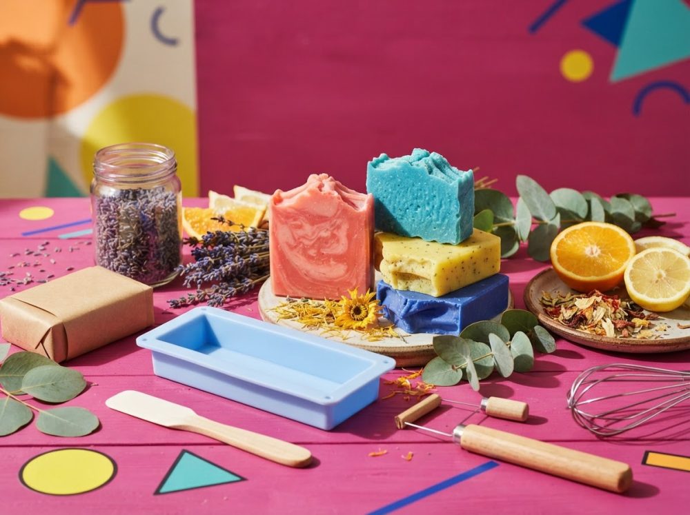 Kit de fabrico artesanal de sabão com moldes, sabões coloridos, flores secas e ingredientes naturais