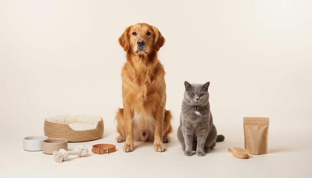 Cão Golden Retriever e gato cinzento sentados com acessórios para animais domésticos num fundo bege