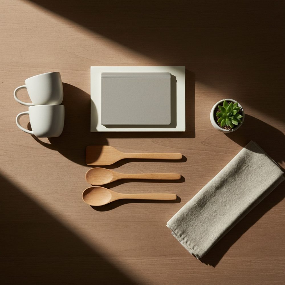 Utensílios de cozinha em madeira, chávenas brancas, cadernos, planta suculenta e guardanapo em cima de mesa de madeira