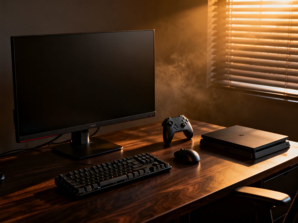 Setup de jogo com monitor desligado, teclado, rato, comando e consola numa secretária de madeira iluminada por luz natural