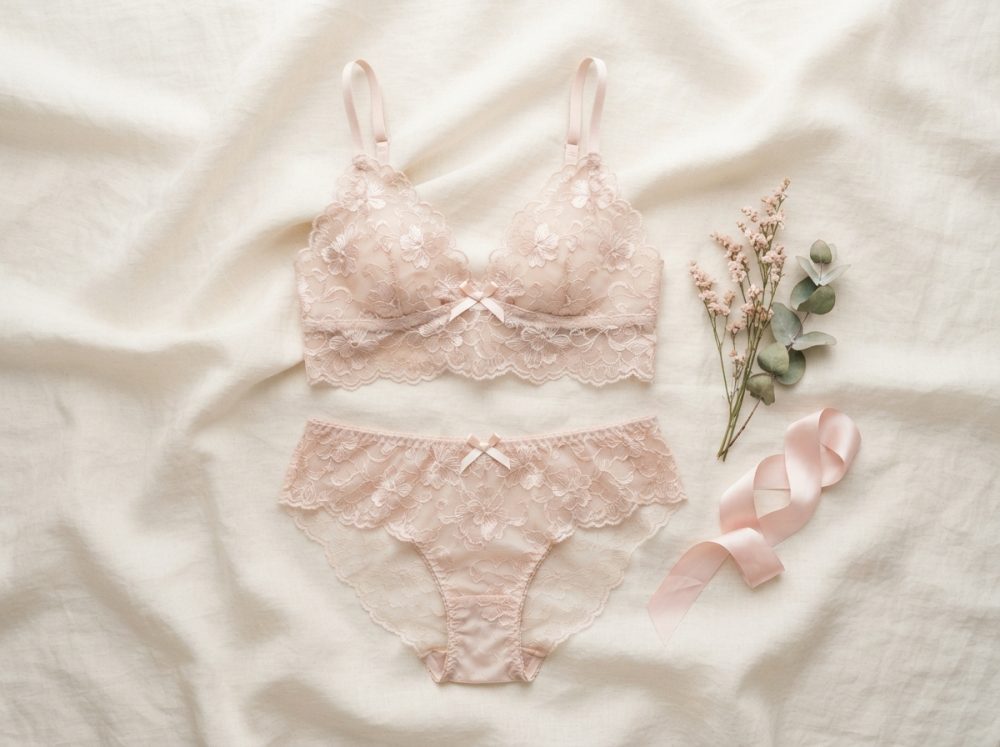 Conjunto de lingerie rosa claro em renda com flores bordadas e fita de cetim rosa ao lado