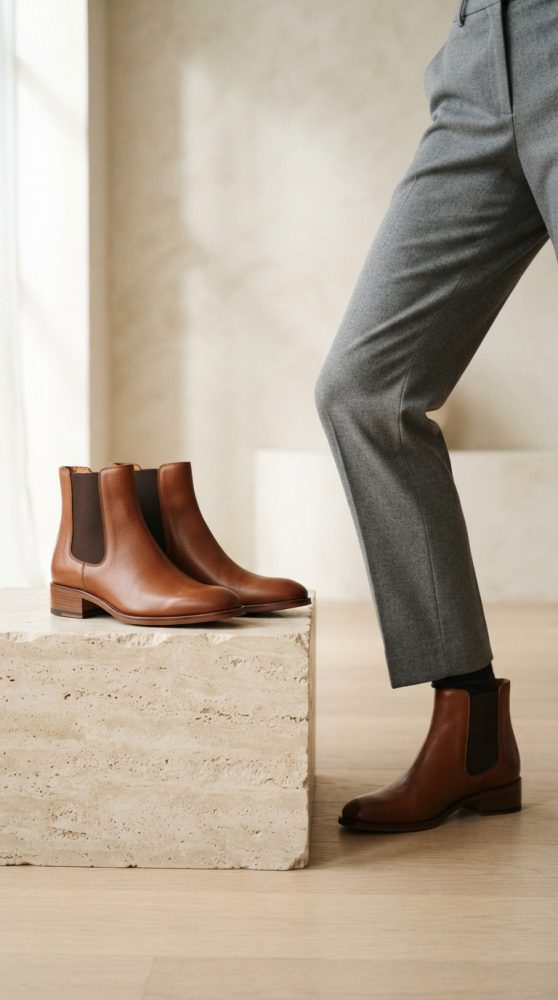 Botas Chelsea castanhas em pele e calças cinza numa composição elegante minimalista