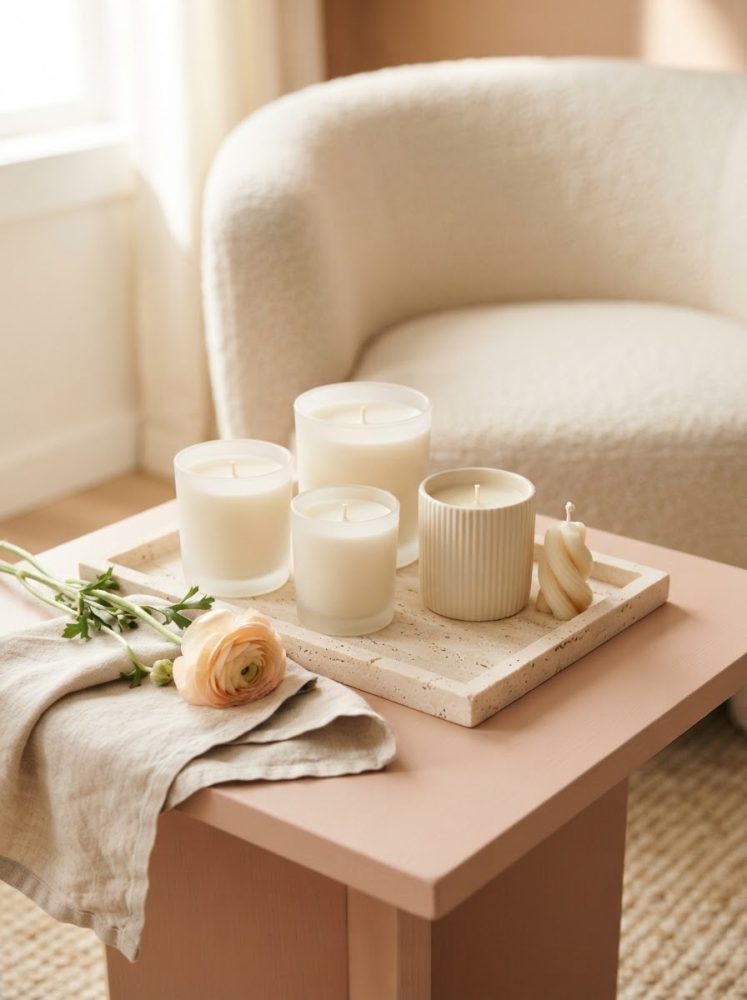 Conjunto de cinco velas brancas e flor sobre mesa rosa junto a poltrona clara