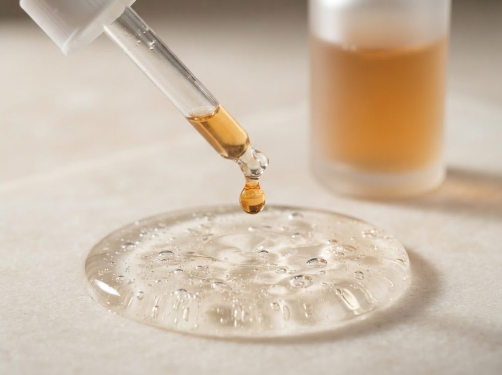 Pipeta a deixar cair gota alaranjada sobre gel transparente com bolhas e frasco desfocado ao fundo