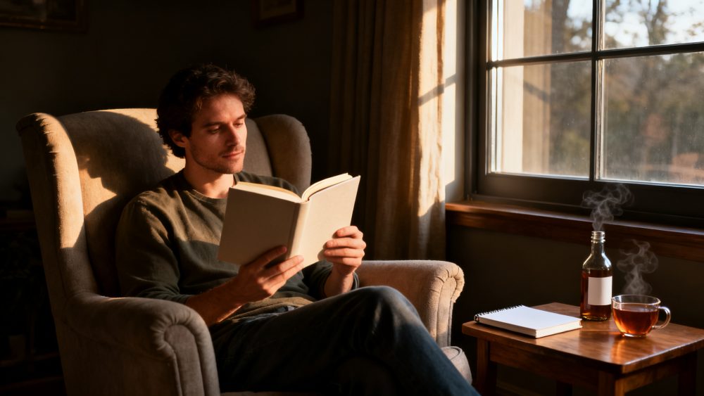 Homem sentado em poltrona a ler livro com chá quente numa mesa junto a janela