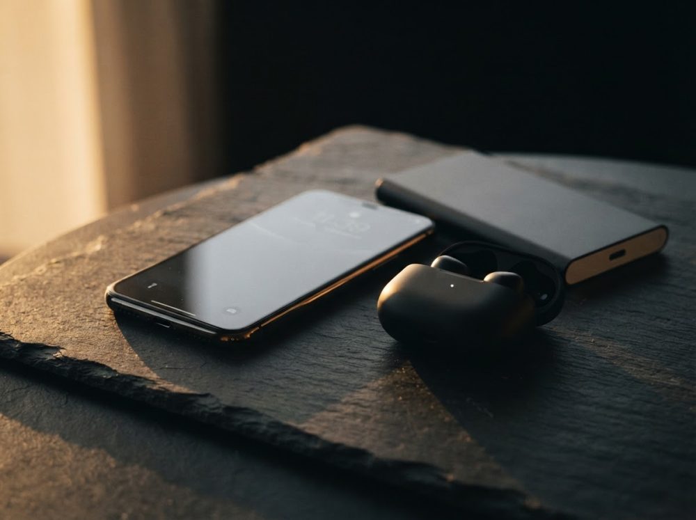 Smartphone preto, auriculares sem fios no estojo aberto e powerbank numa mesa escura com iluminação suave