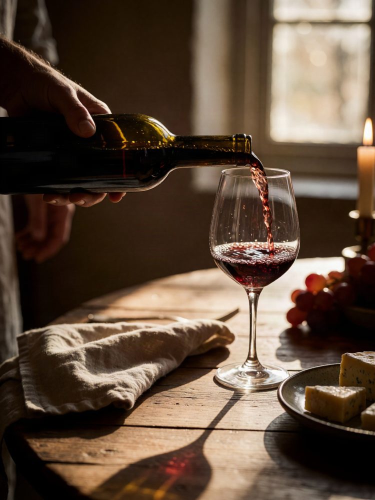 Mão a servir vinho tinto num copo sobre mesa com queijo, uvas e vela acesa