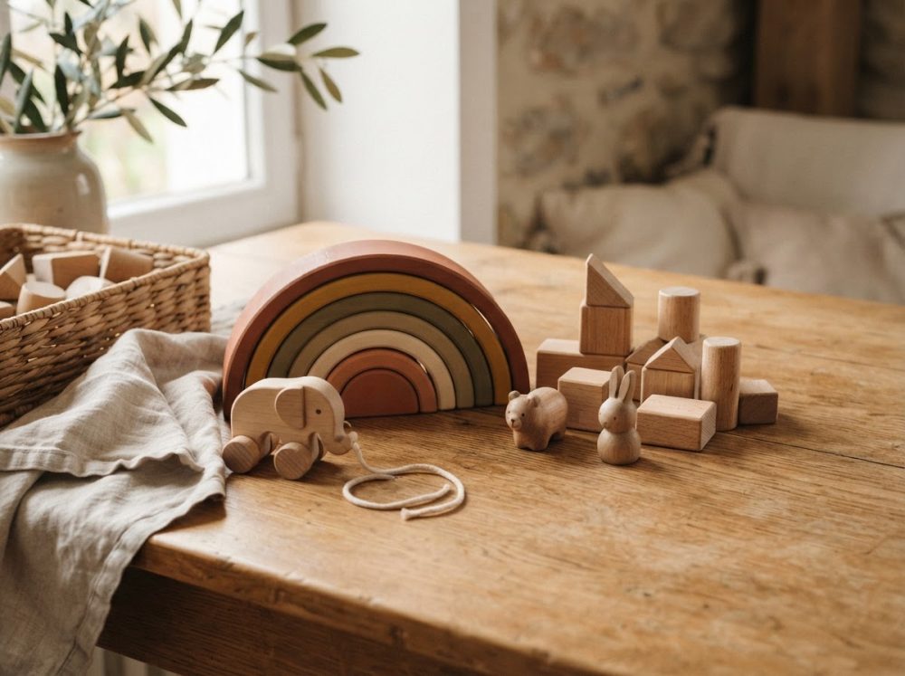 Brinquedos em madeira sobre mesa com arco-íris, blocos e figuras de animais em ambiente natural