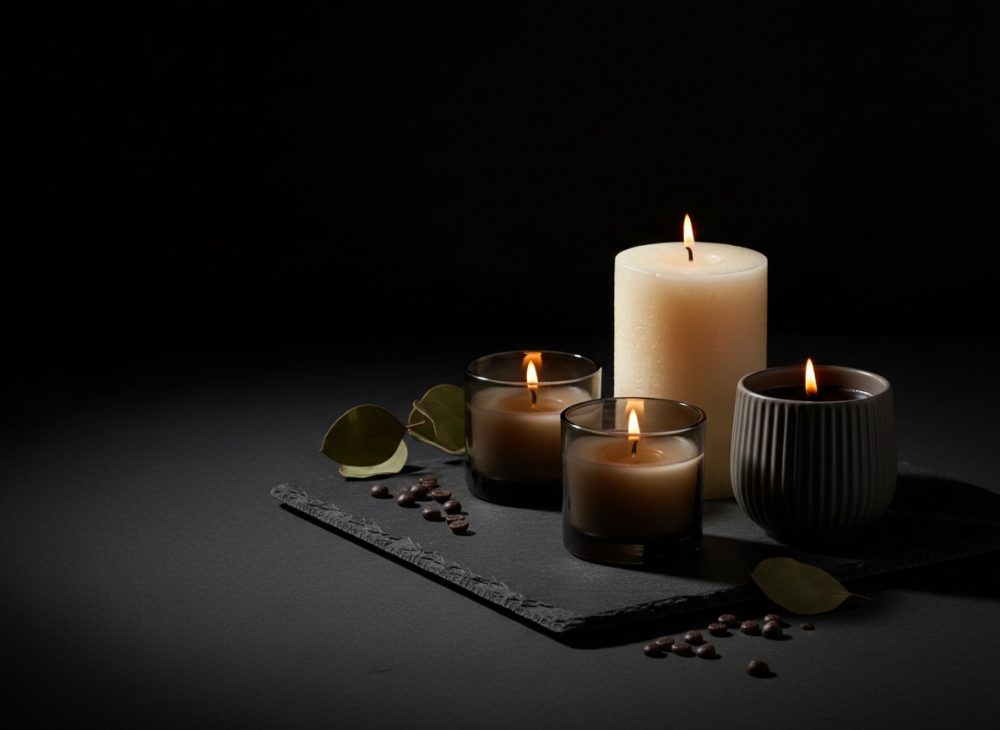 Quatro velas acesas de diferentes tamanhos e recipientes com folhas e grãos decorativos em fundo escuro