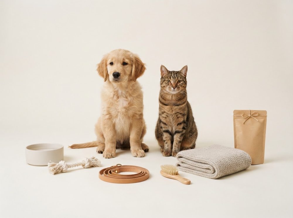 Cão e gato com acessórios para cuidados e alimentação num fundo claro