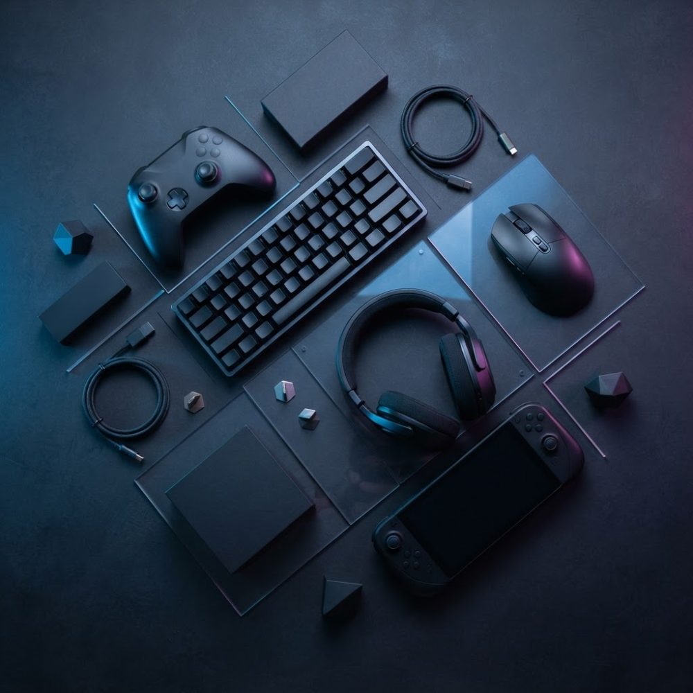 Acessórios de gaming: comando, teclado, rato, auscultadores e consola portátil sobre fundo escuro