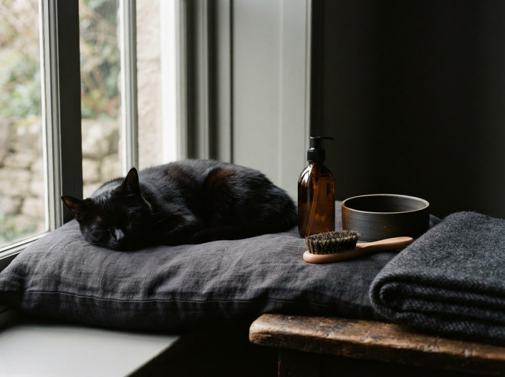 Gato preto a dormir num almofadão cinzento junto a uma janela com acessórios de cuidados para animais