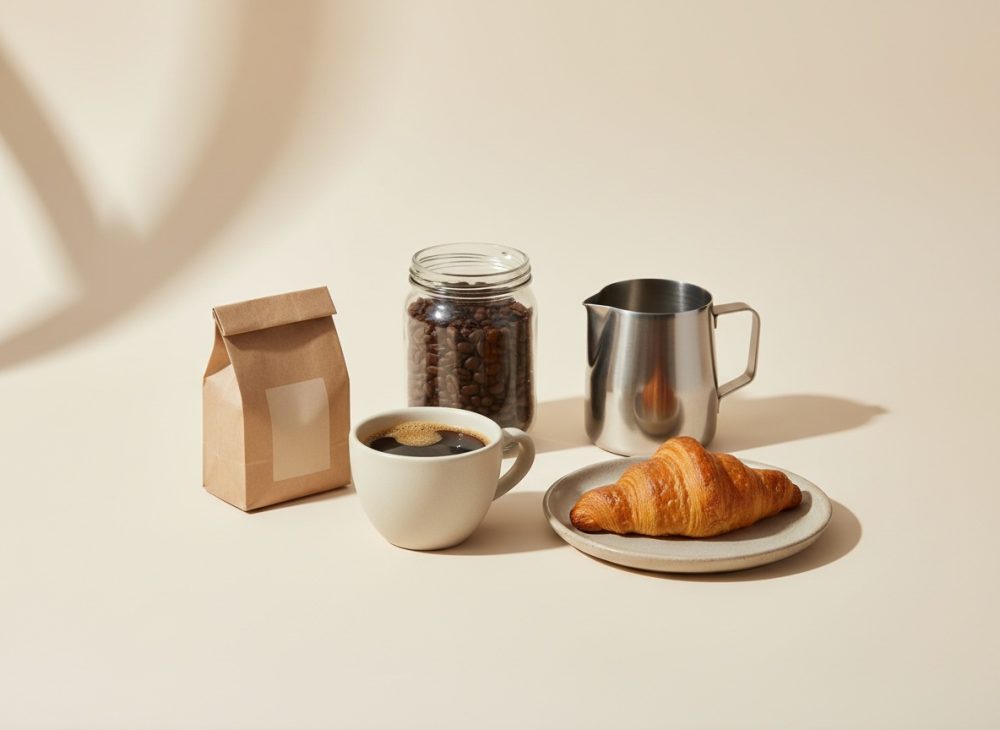 Chávena de café, croissant, frasco com grãos de café e leiteira metálica sobre superfície bege