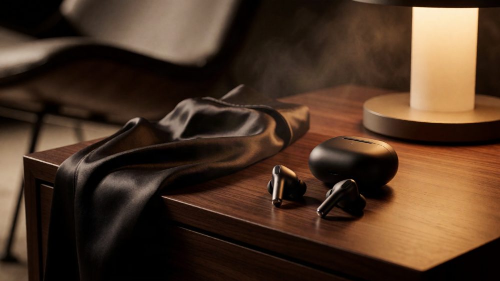 Auriculares sem fios pretos com estojo sobre mesa de madeira junto a tecido escuro e luz de lâmpada