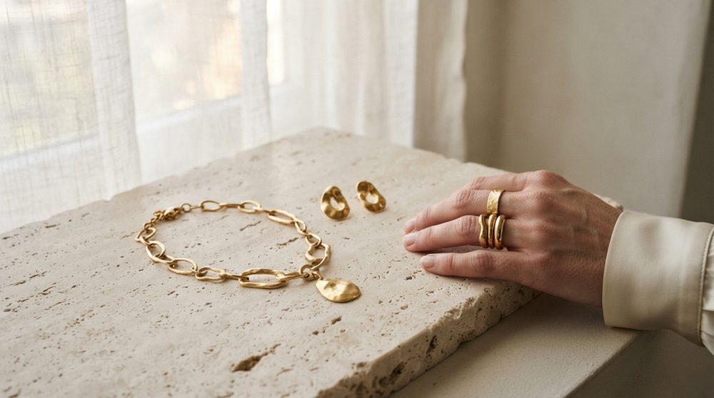 Conjunto de bracelete, brincos e anéis dourados sobre pedra clara com mão feminina ao lado