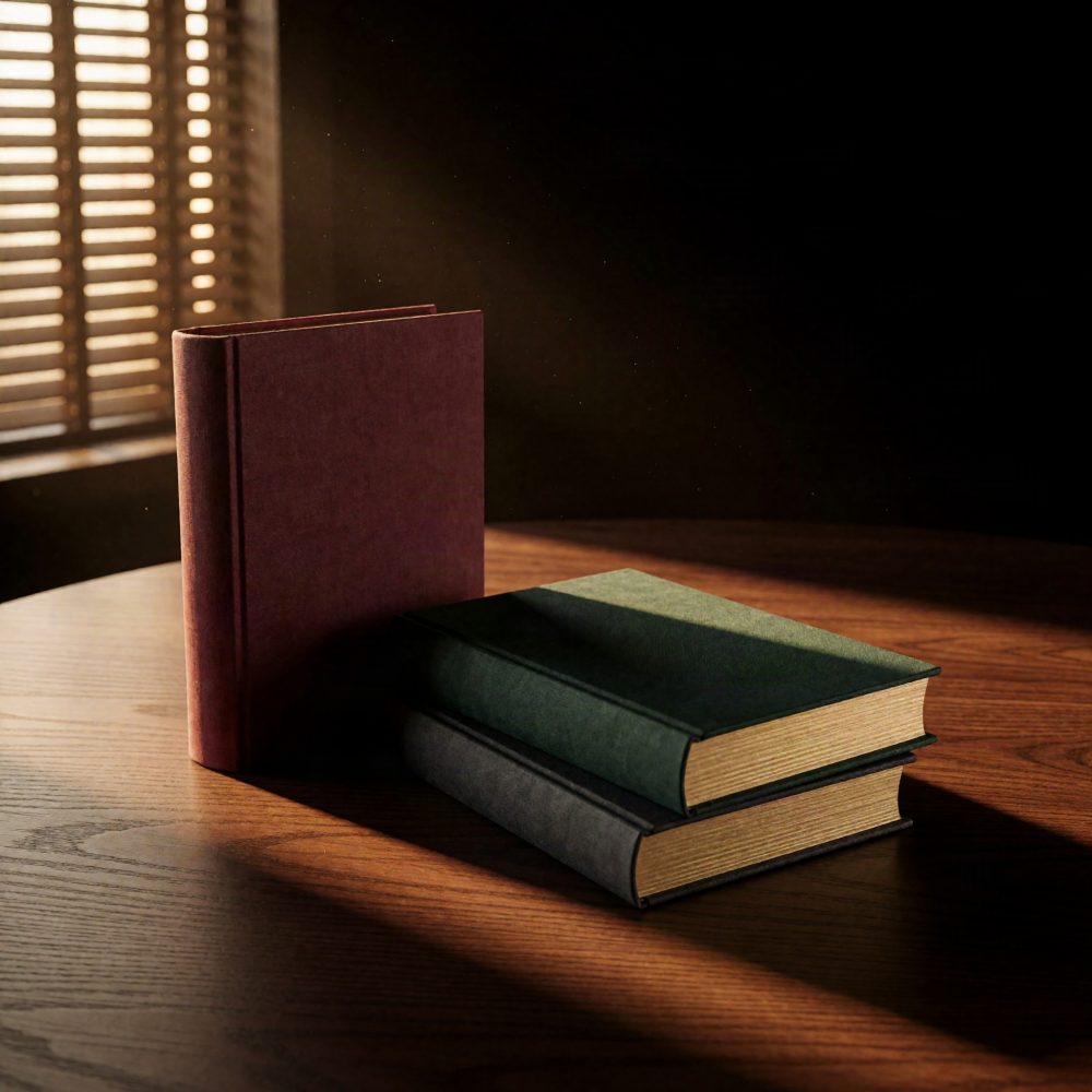 Três livros antigos com capas sólidas numa mesa redonda de madeira iluminada por luz natural