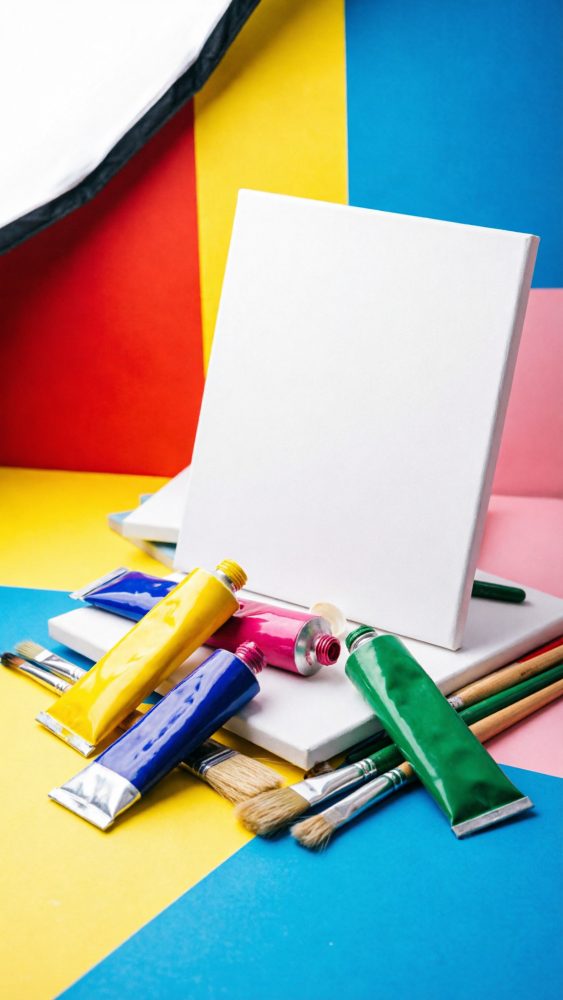 Tela de pintura branca com tubos de tinta colorida e pincéis em fundo colorido