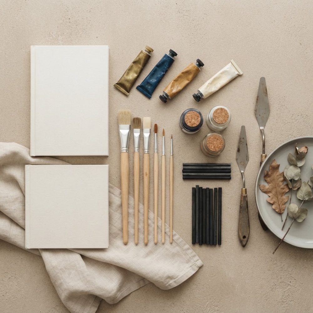 Materiais de pintura artística organizados com pincéis, telas, tintas e espátulas sobre fundo bege