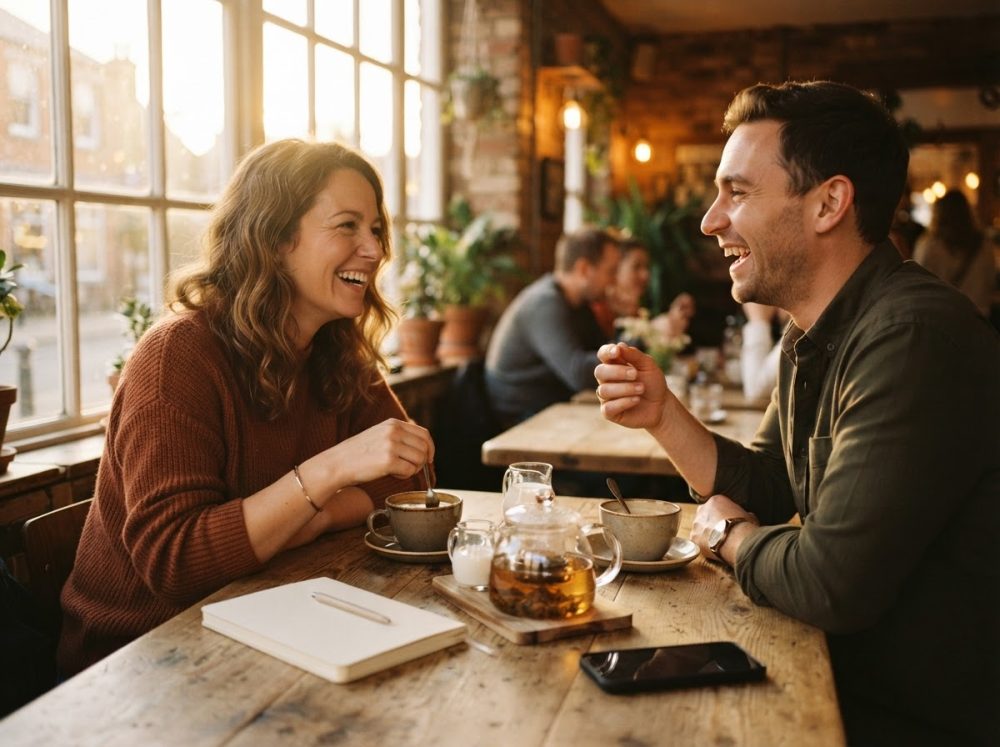 Casal sorridente a beber chá junto a uma janela grande num café acolhedor e com decoração rústica