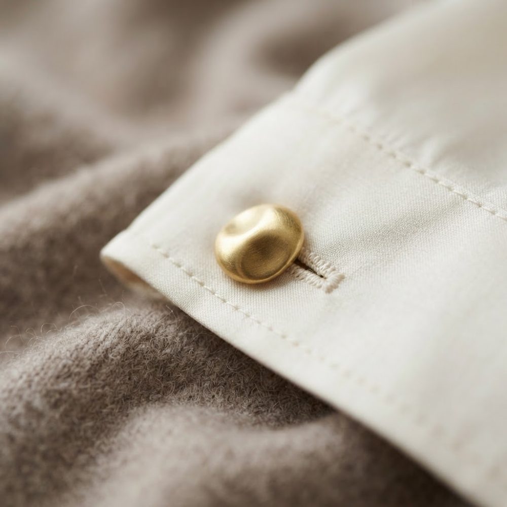 Punho de camisa clara com botão dourado sobre tecido cinzento macio