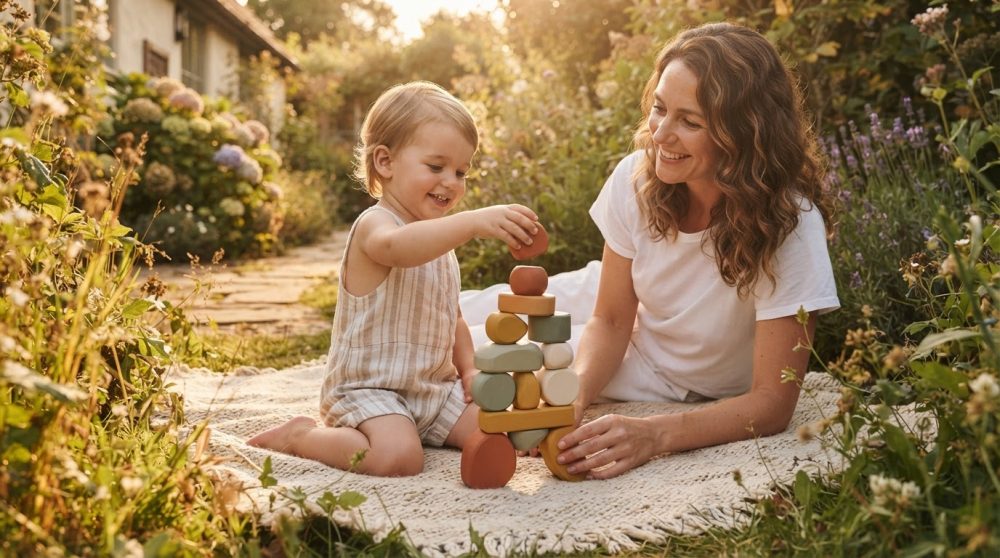 Criança e mãe a brincar com blocos coloridos de empilhar num tapete no jardim ao final da tarde