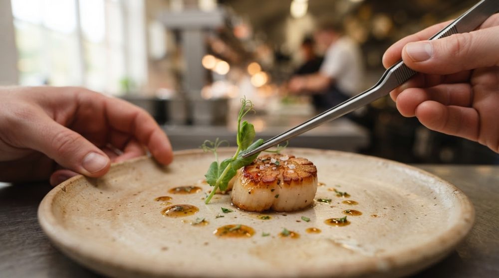 Chef decorando uma vieira grelhada com pinça em prato rústico na cozinha profissional