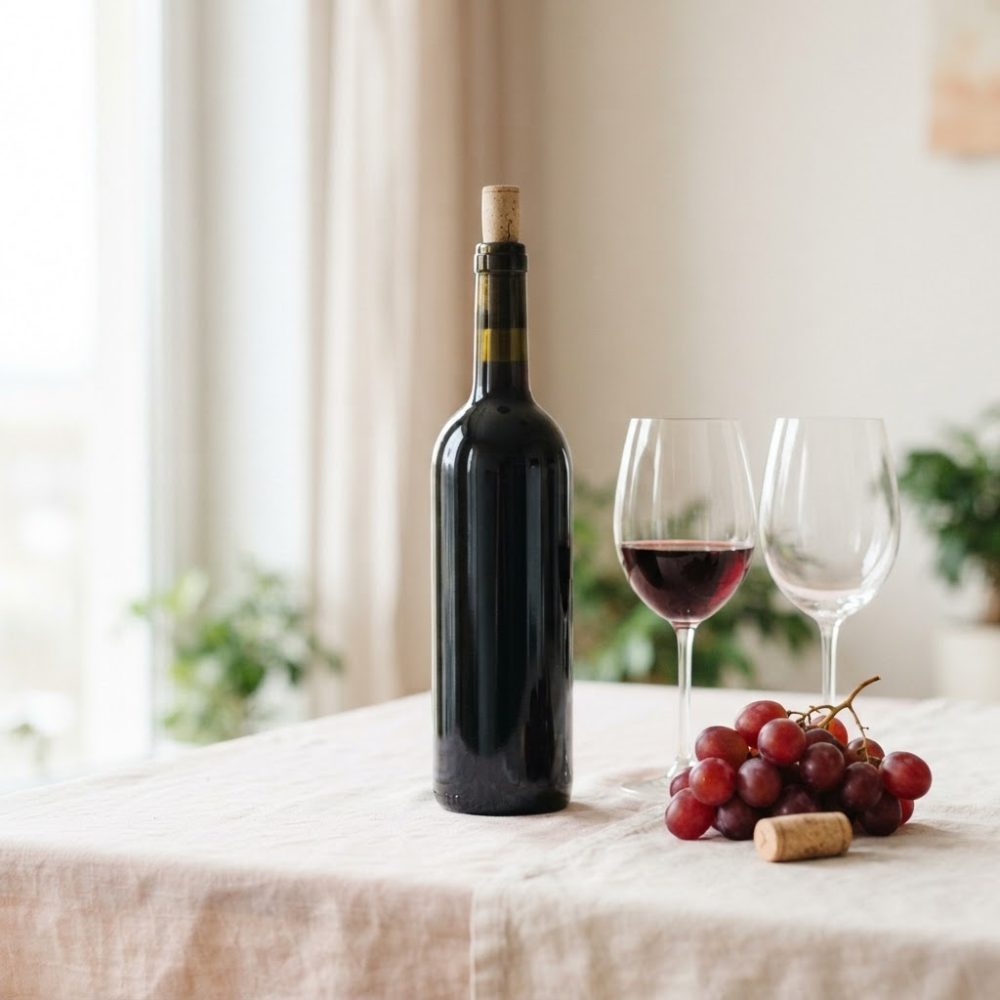 Garrafa de vinho tinto com taça, uvas vermelhas e rolha sobre mesa clara numa sala iluminada