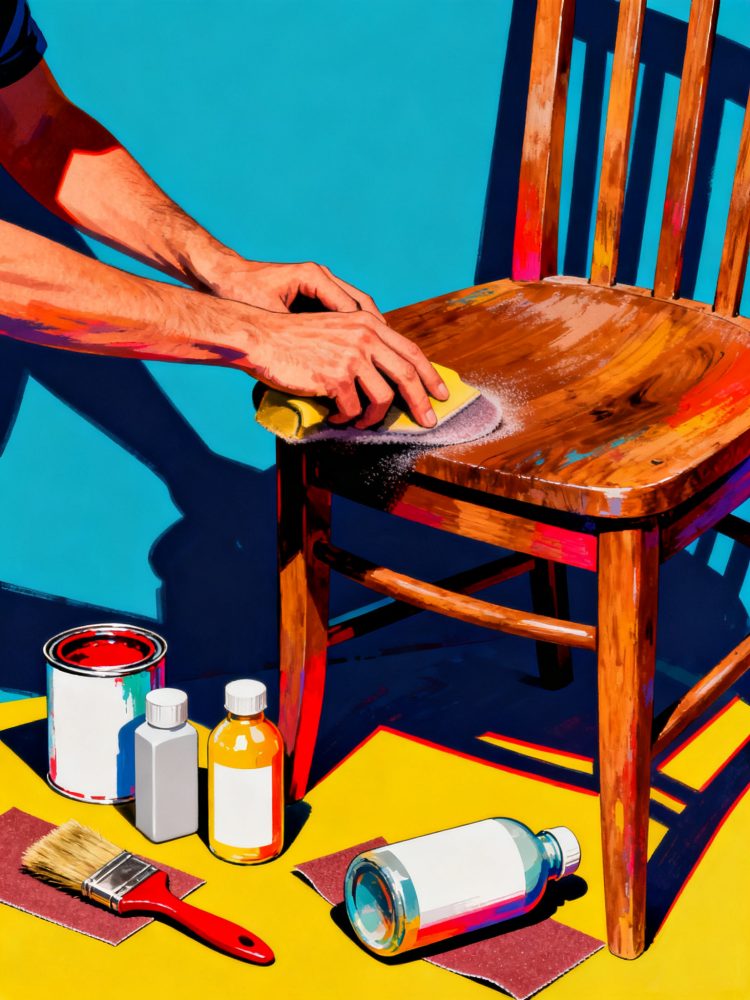 Mãos a lixar cadeira de madeira rodeada de materiais para restauro e pintura com fundo azul e amarelo