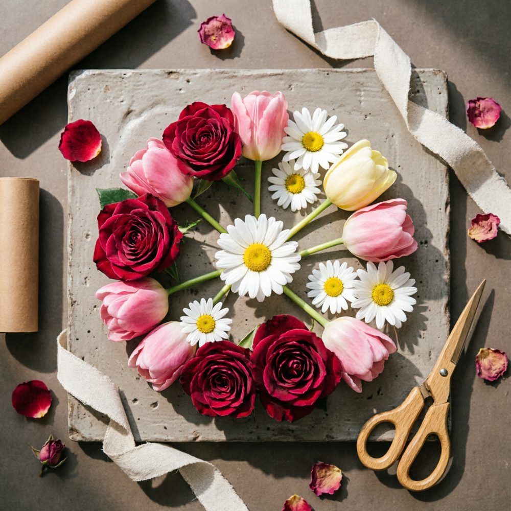 Arranjo circular de rosas vermelhas, tulipas rosas e amarelas e margaridas brancas sobre pedra com tesoura e pétalas secas