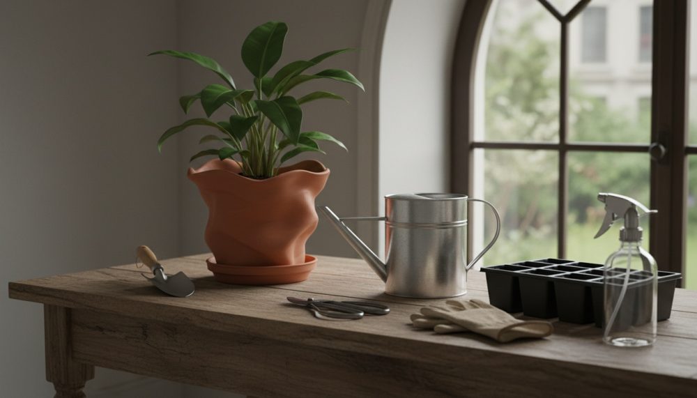 Mesa com planta em vaso, regador metálico, luvas, tesoura, pulverizador e tabuleiro para plantas junto a janela