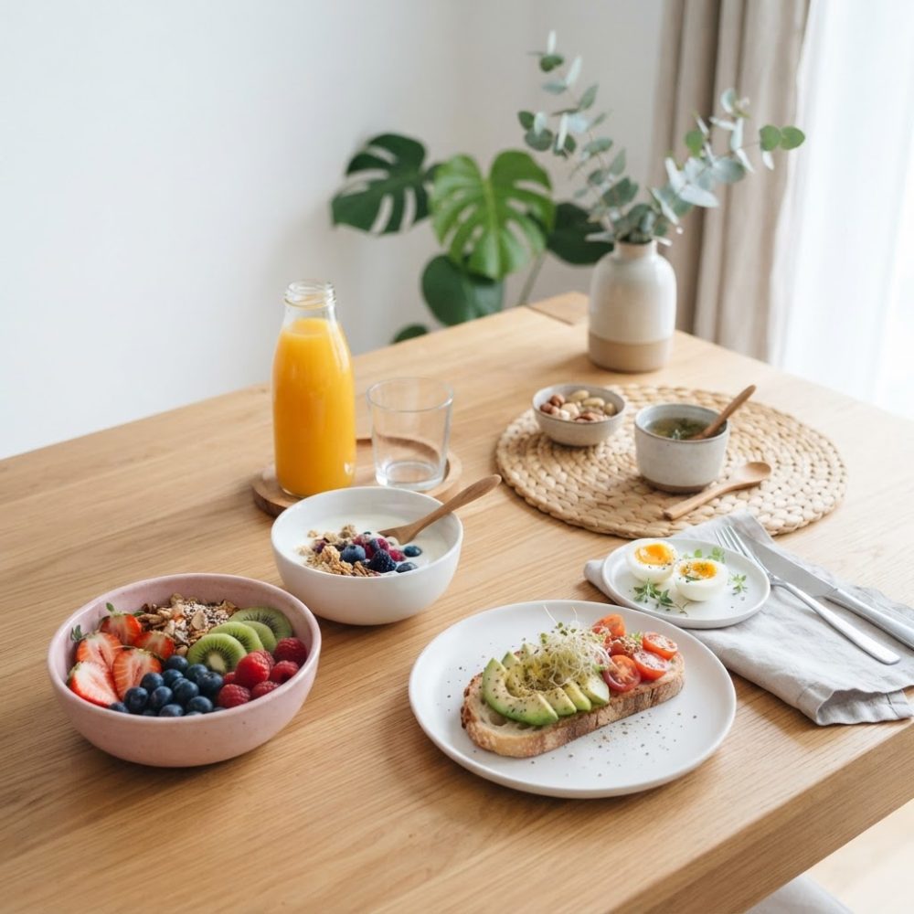 Pequeno almoço saudável com torrada, ovos, iogurte, frutas e sumo de laranja numa mesa de madeira