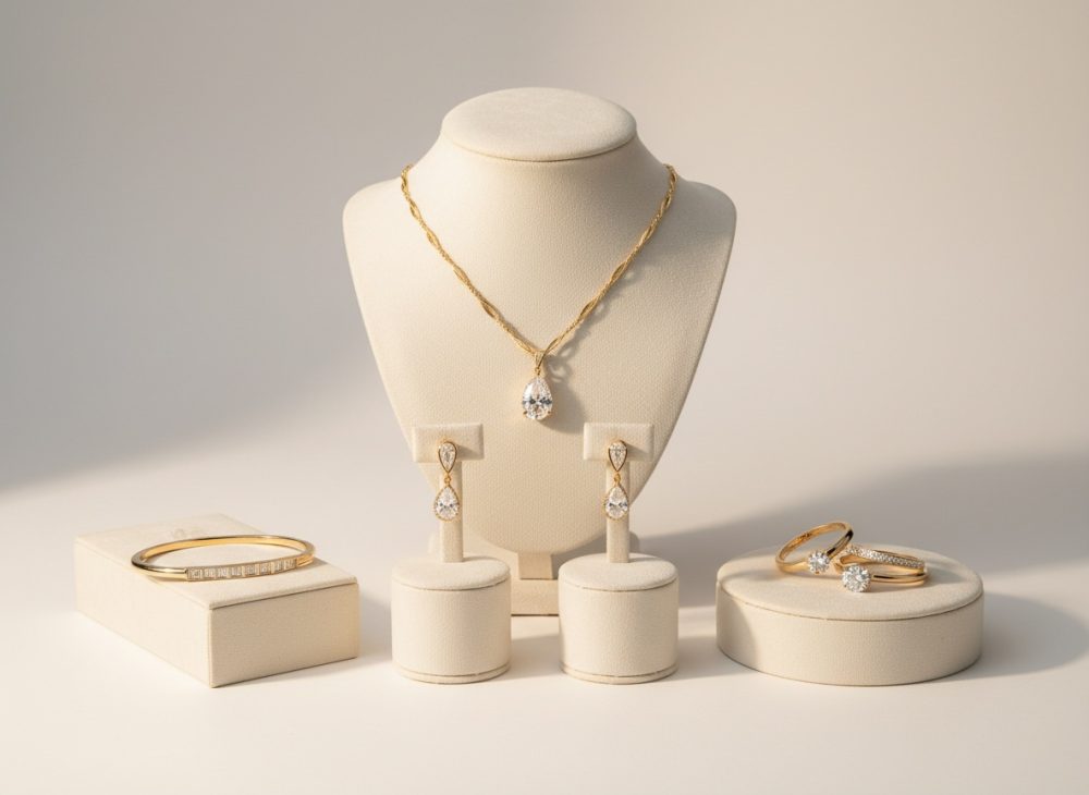 Conjunto de joias douradas com pedras transparentes em suportes creme