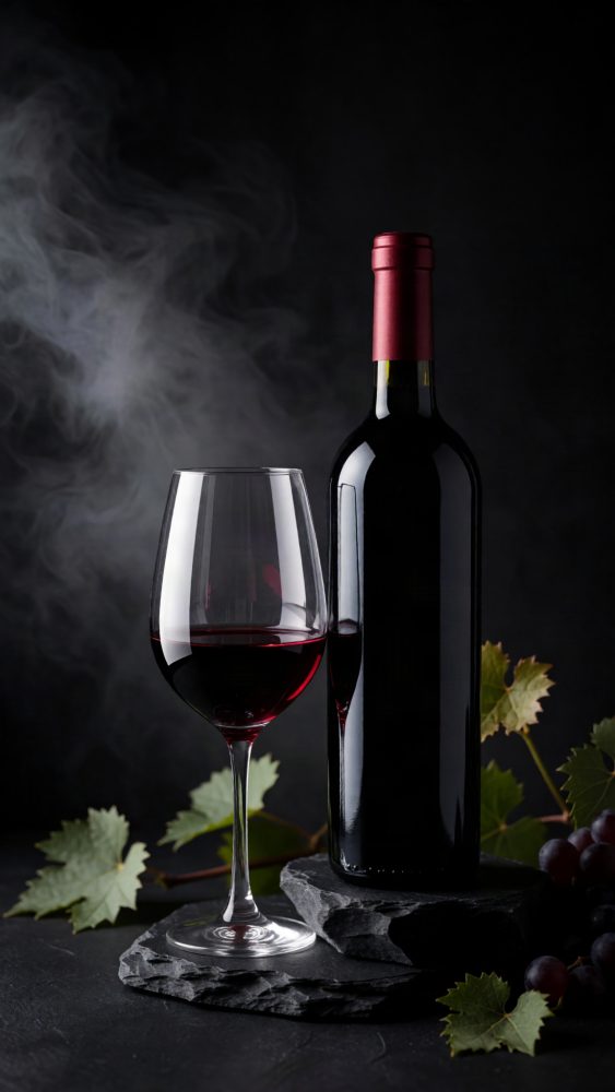 Garrafa de vinho tinto com copo cheio, folhas de videira e uvas, fundo escuro com neblina