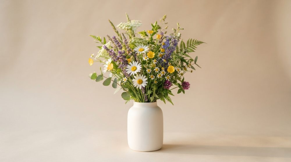 Arranjo de flores campestres coloridas em vaso branco sobre fundo claro neutro