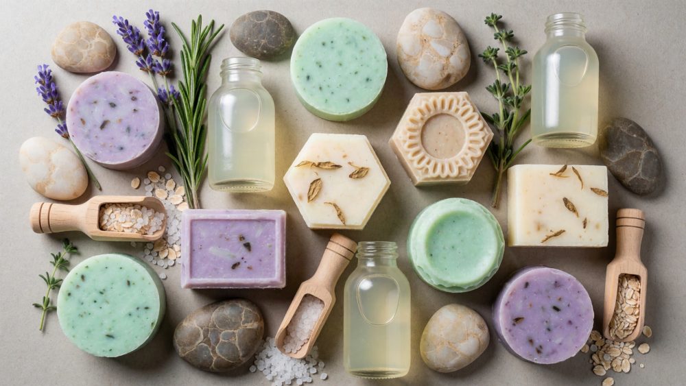 Sabonetes artesanais coloridos com ervas, pedras, flocos de aveia e frascos pequenos