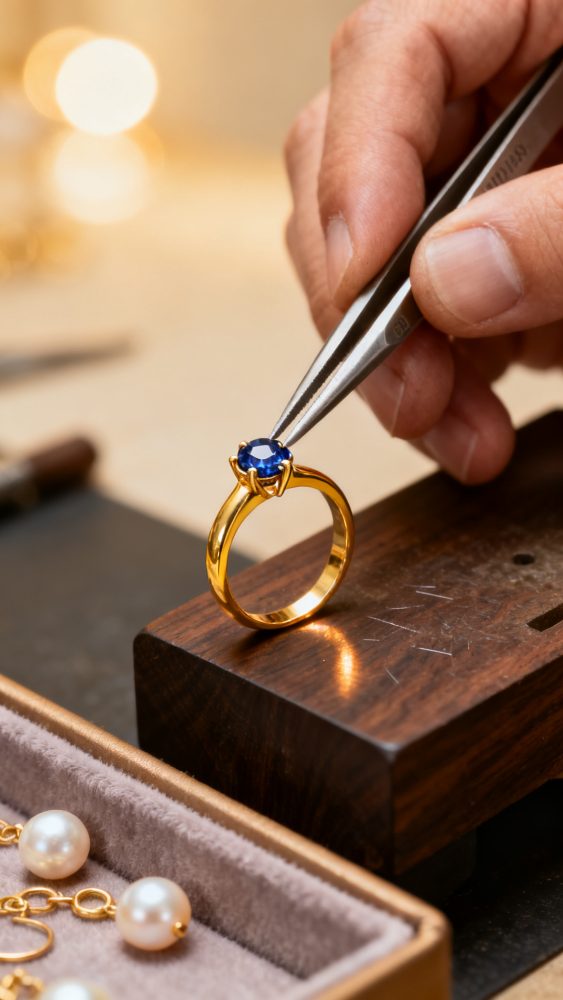 Mão segurando pinça para ajustar pedra azul num anel dourado numa oficina de joalharia