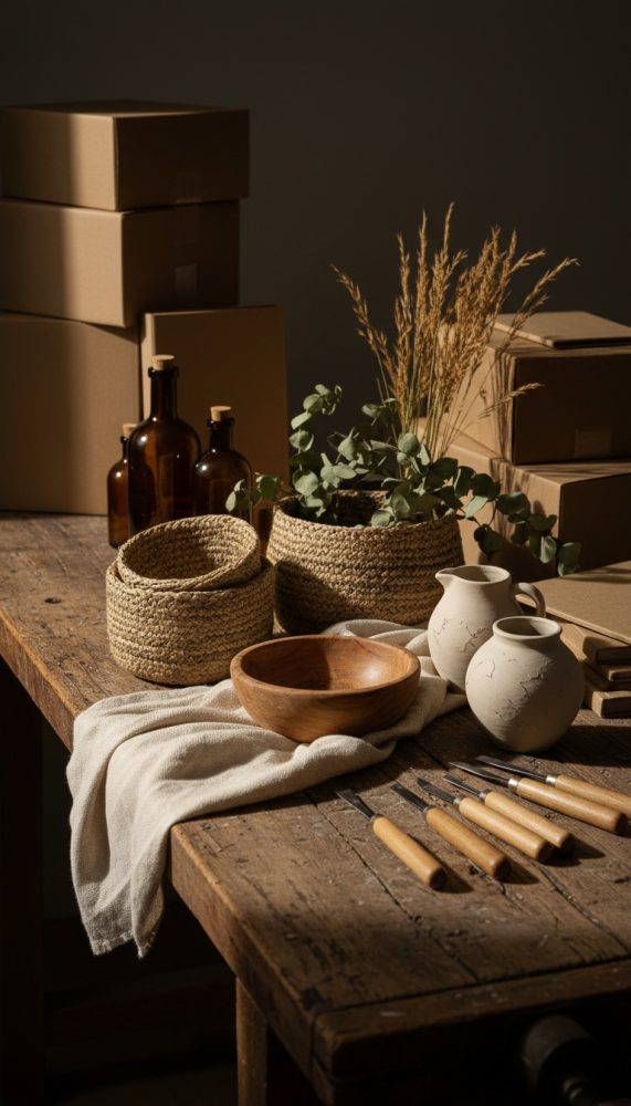 Mesa com cestos de fibras, cerâmicas, taça de madeira, frascos âmbar e ferramentas artesanais