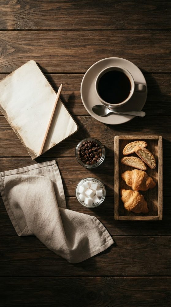 Mesa rústica com café, croissants, biscoitos, bloco de notas e acessórios