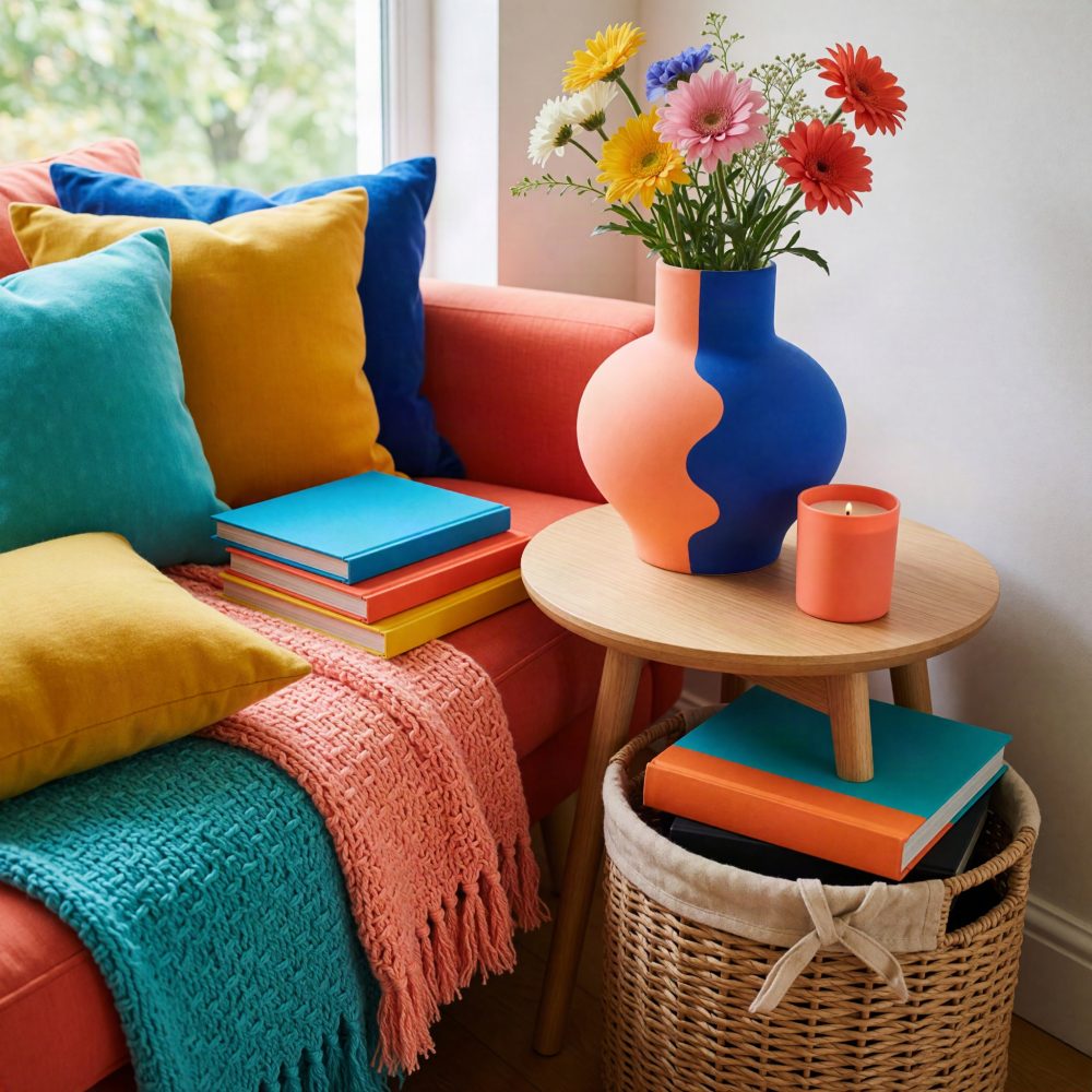 Sofá laranja com almofadas coloridas, manta, vaso bicolor com flores e mesa de madeira clara
