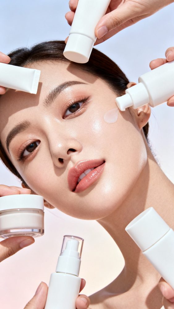 Mulher com pele luminosa rodeada por frascos e tubos brancos de cosméticos para a pele