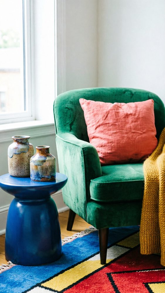 Cadeira verde com almofada coral e manta mostarda ao lado de mesa azul com vasos decorativos