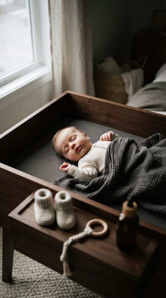 Bebé a dormir numa cama de madeira com mantinha cinzenta e acessórios de bebé ao lado