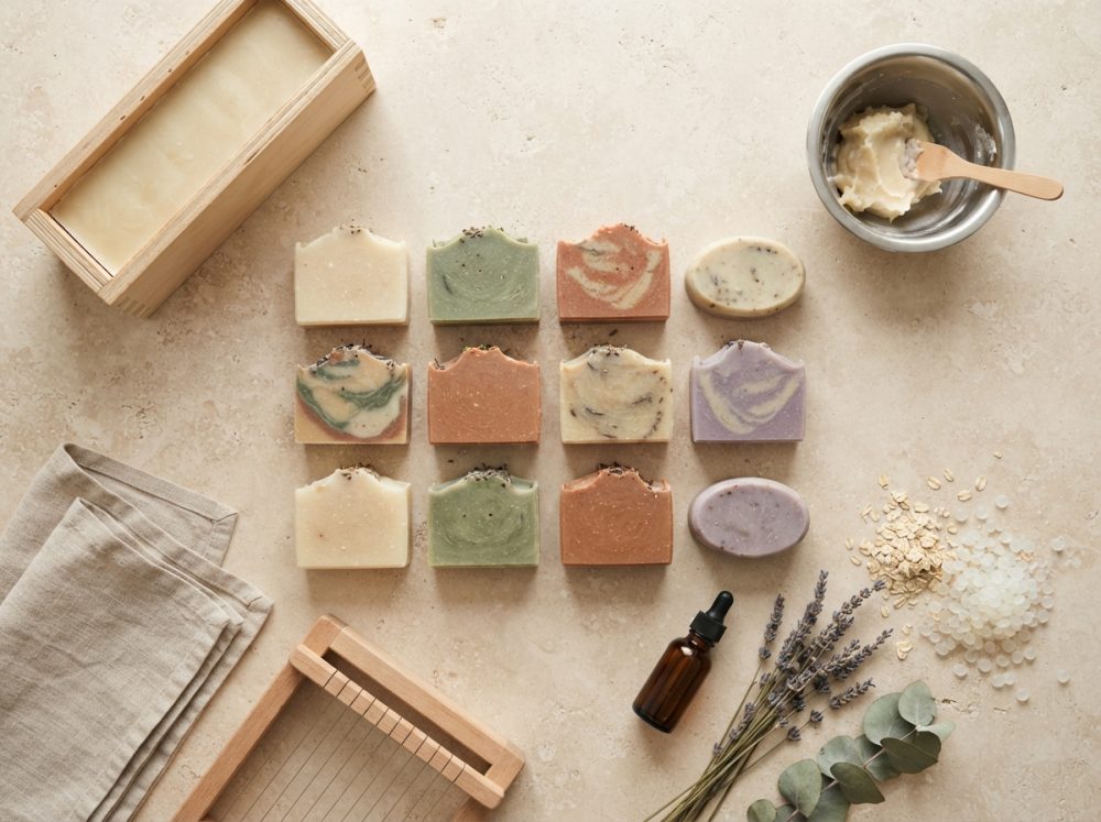 Sabonetes artesanais coloridos dispostos sobre superfície clara com ingredientes naturais e acessórios para fabricação