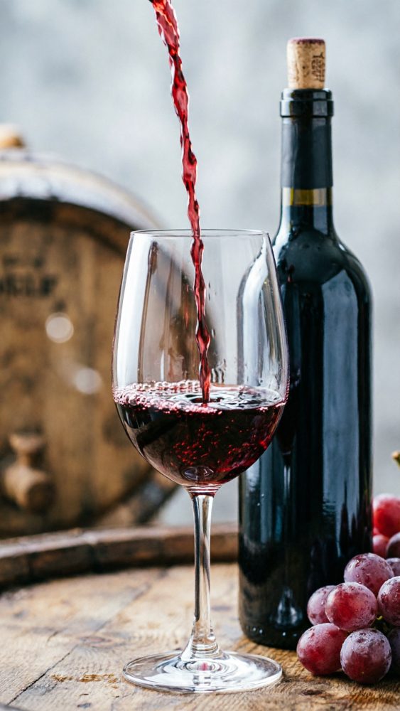 Vinho tinto a ser servido em copo com garrafa e uvas frescas sobre mesa de madeira