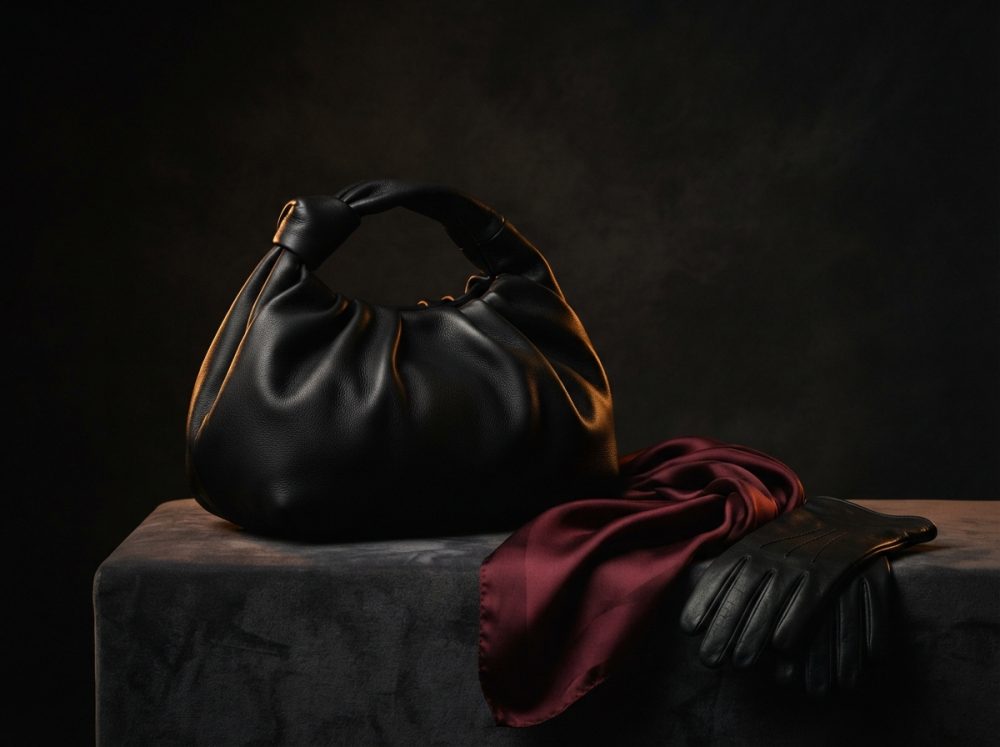 Bolsa preta de couro com lenço vinho e luvas pretas sobre superfície escura